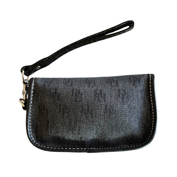DOONEY & BOURKE Black Silver DB Logo Canvas Leather Trim Snap Clutch Wristlet - Picture 3 of 8